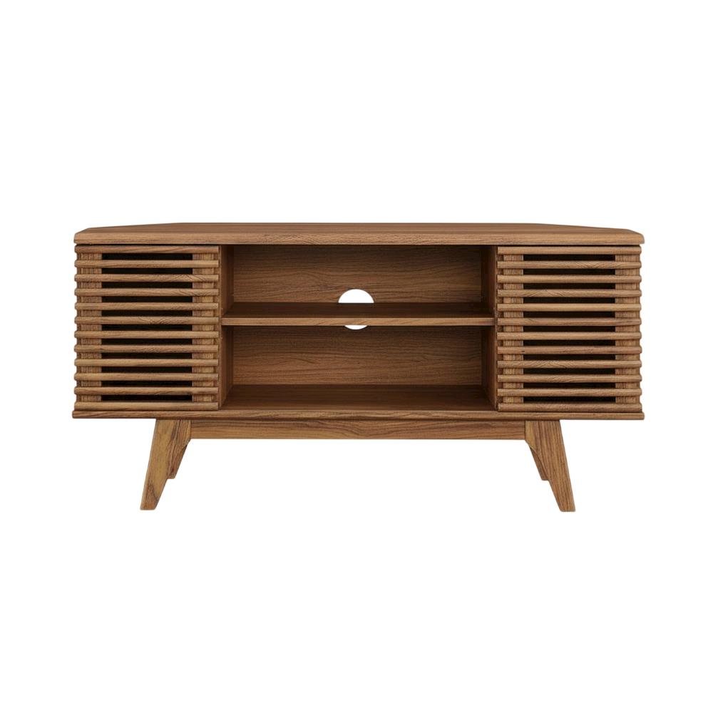 Brown wooden 46-inch corner TV stand with open shelving and versatile design