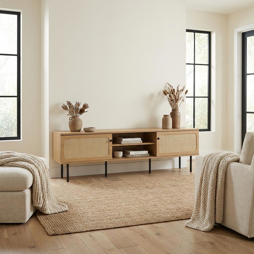 Wooden TV stand in brown with spacious surface and sturdy base