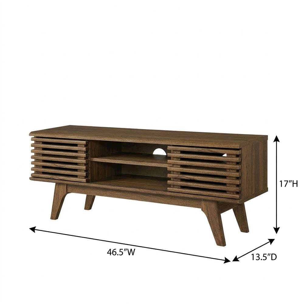 Wooden brown media console, 46-inch top, sturdy legs, modern living spaces