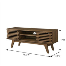 Wooden brown media console, 46-inch top, sturdy legs, modern living spaces
