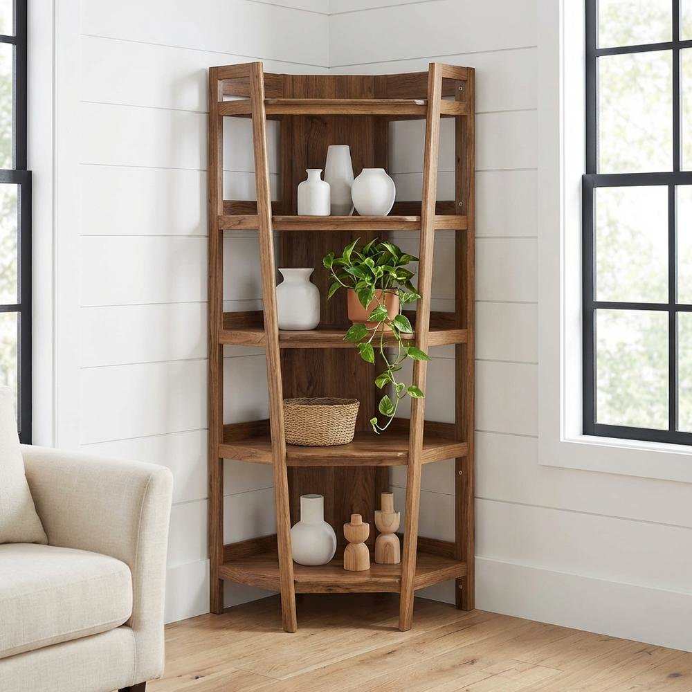 Brown corner bookshelf with spacious shelves and modern design