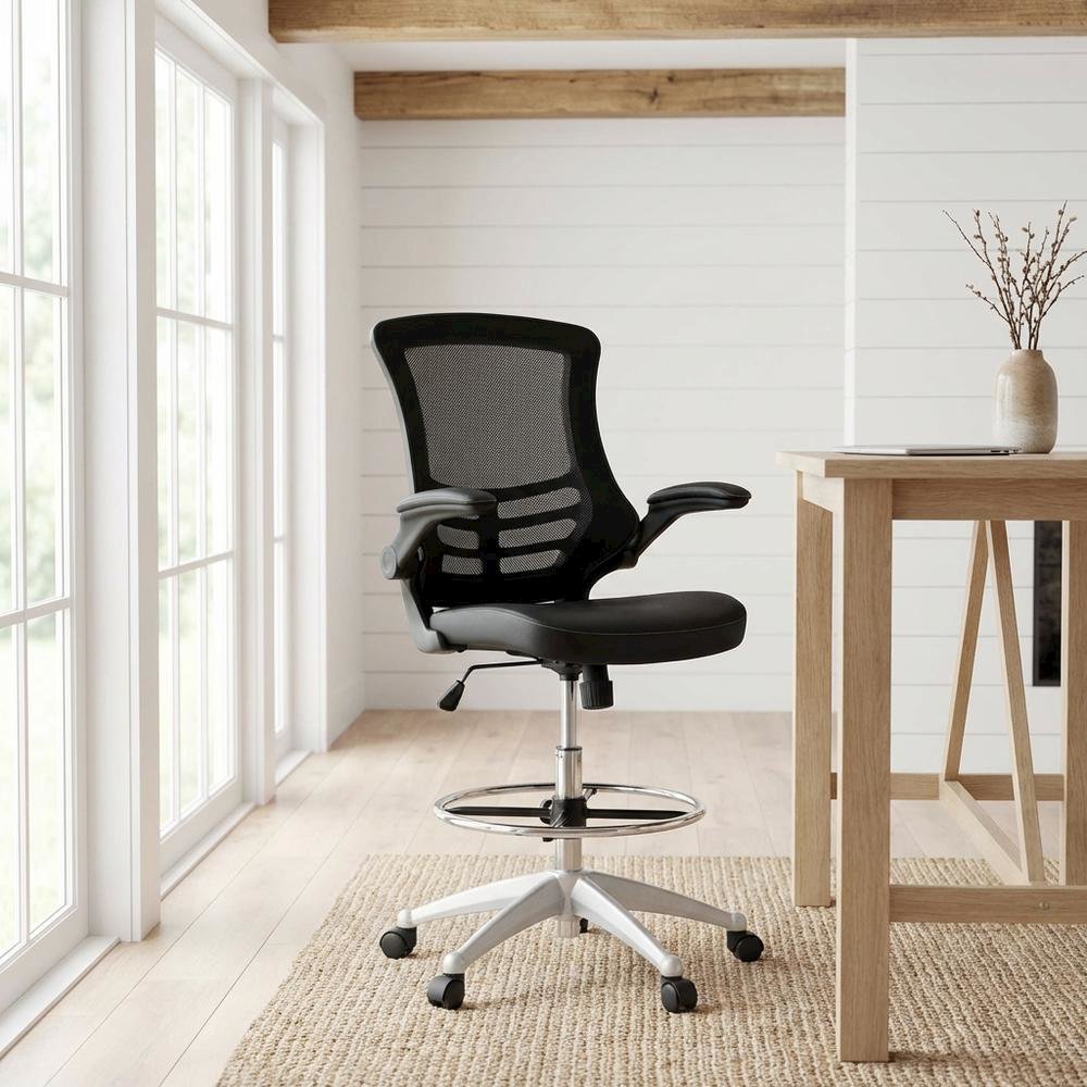 Vinyl Drafting Chair with Armrests and Adjustable Height for Office Use