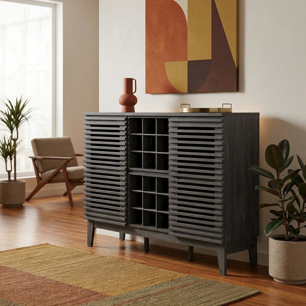 Charcoal Bar Cabinet, Bicast Leather, 46 Inch Wide, Modern Style