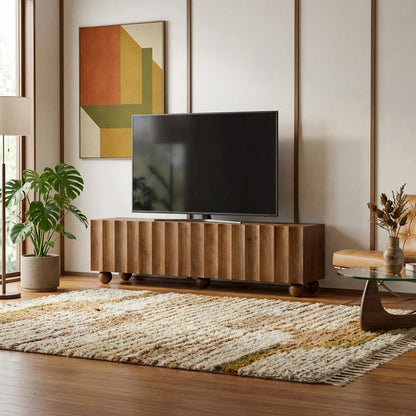 Scalloped Wood TV Stand in Neutral Finish with Spacious Storage