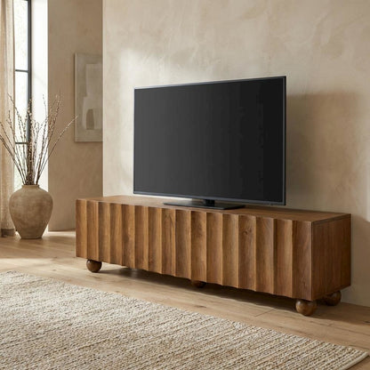Scalloped Wood TV Stand in Neutral Finish with Spacious Storage