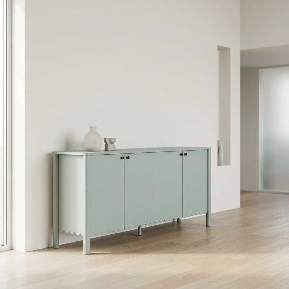 Wooden Scalloped 4-Door Sideboard Buffet Cabinet with Storage, Sage