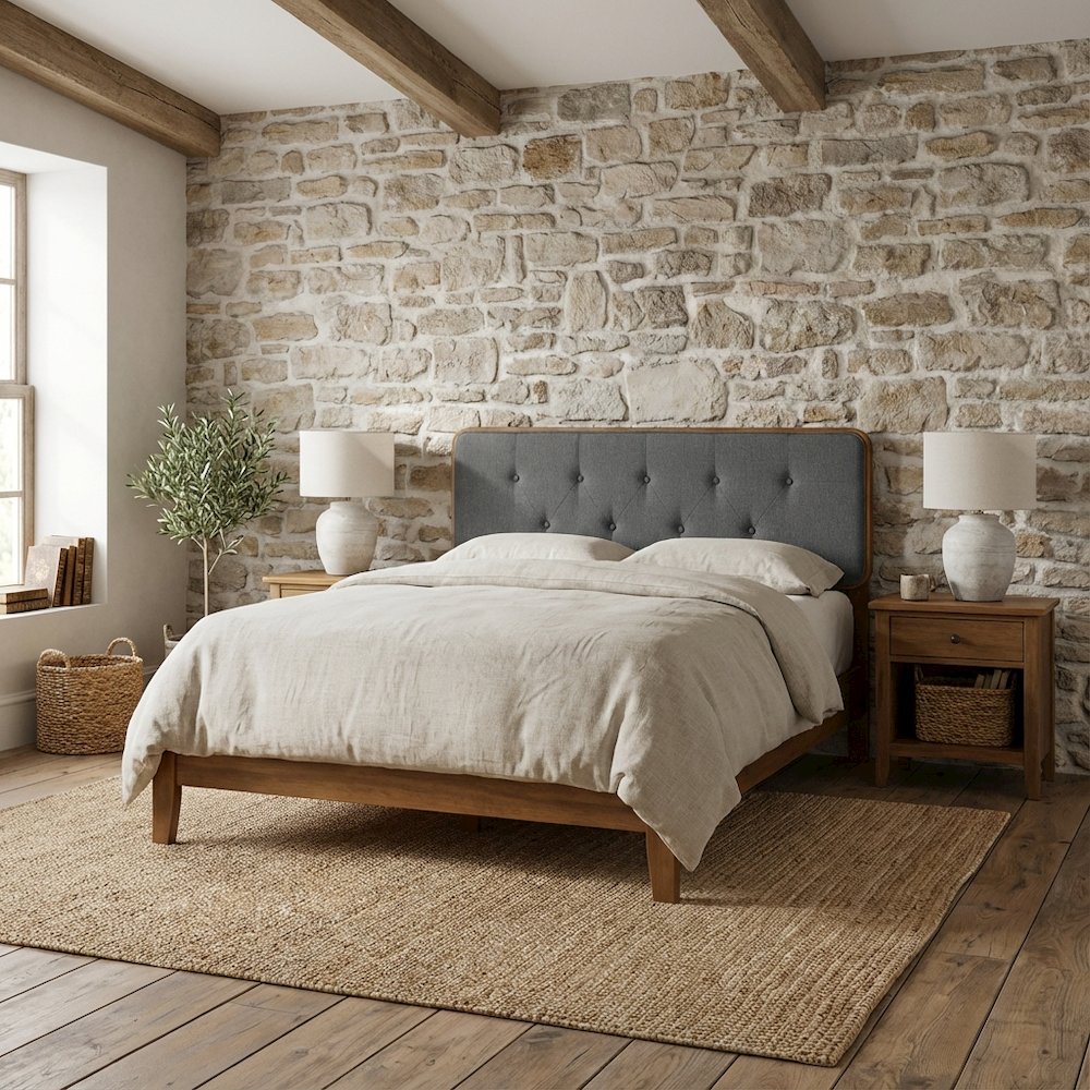 Tufted Fabric Full Headboard with Wood Frame in Neutral Finish
