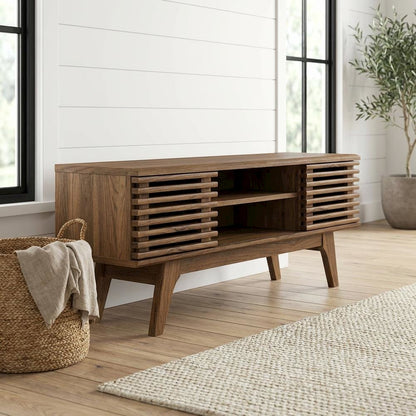 Wooden brown media console, 46-inch top, sturdy legs, modern living spaces