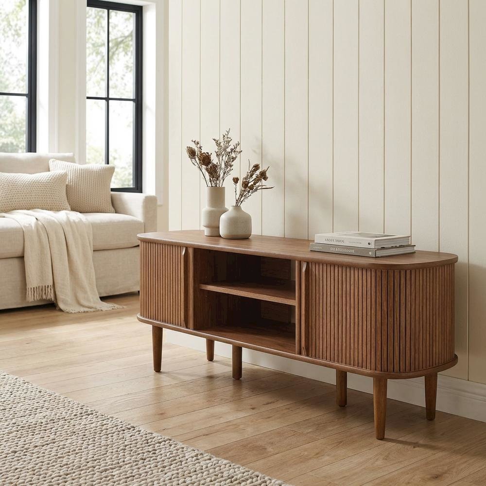 Brown wood TV stand with sleek design and sturdy construction