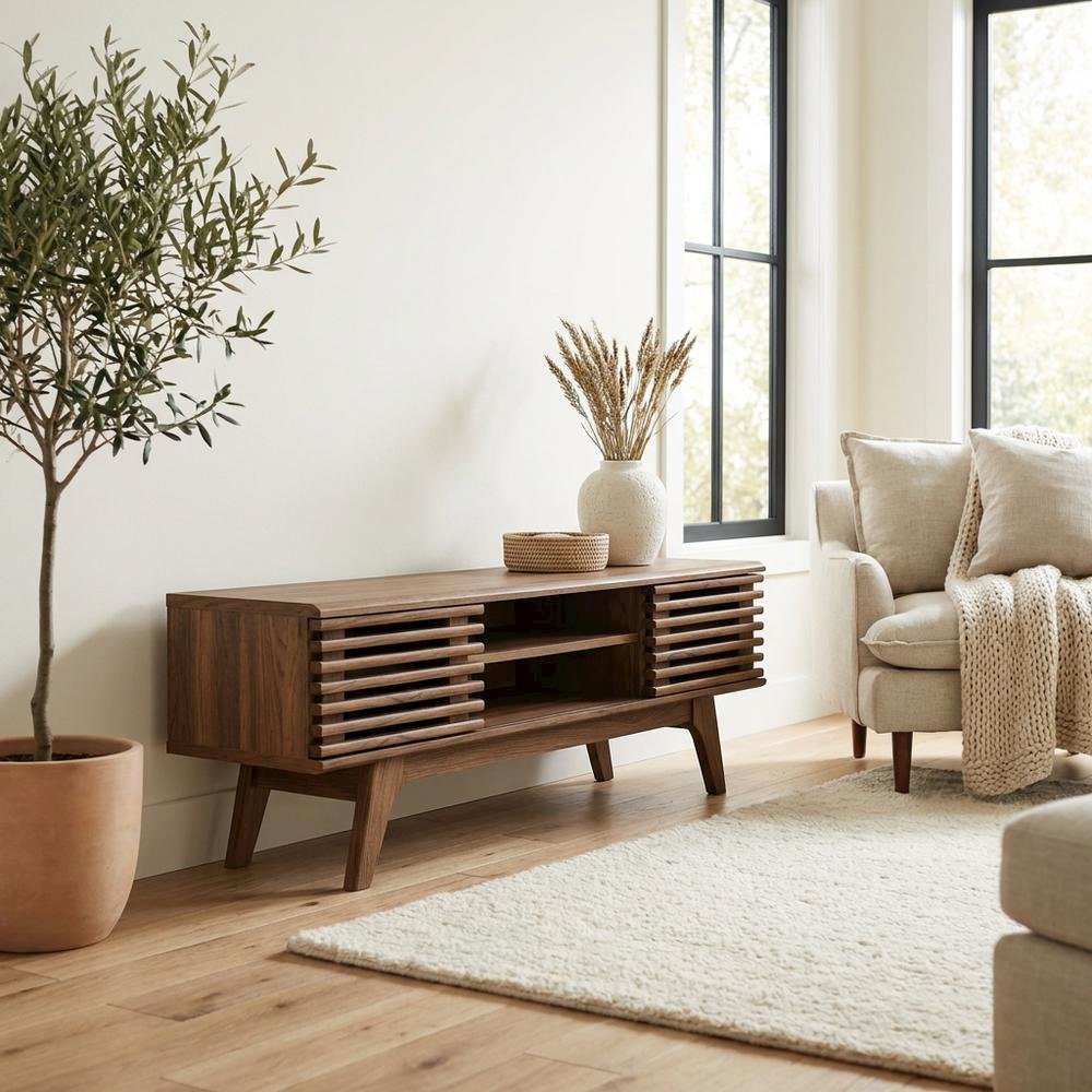 Wooden brown media console, 46-inch top, sturdy legs, modern living spaces