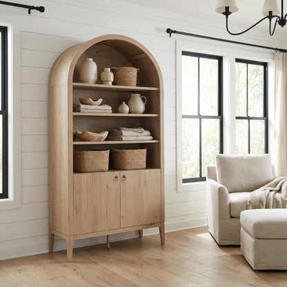 Brown display cabinet, arched design, engineered wood construction, versatile