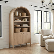 Brown display cabinet, arched design, engineered wood construction, versatile