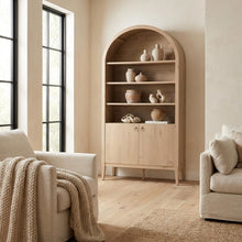 Brown display cabinet, arched design, engineered wood construction, versatile