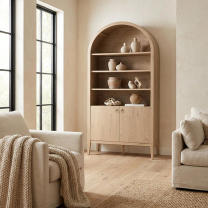 Brown display cabinet, arched design, engineered wood construction, versatile
