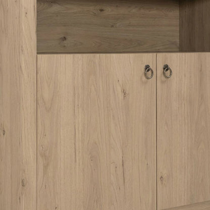 Brown display cabinet, arched design, engineered wood construction, versatile