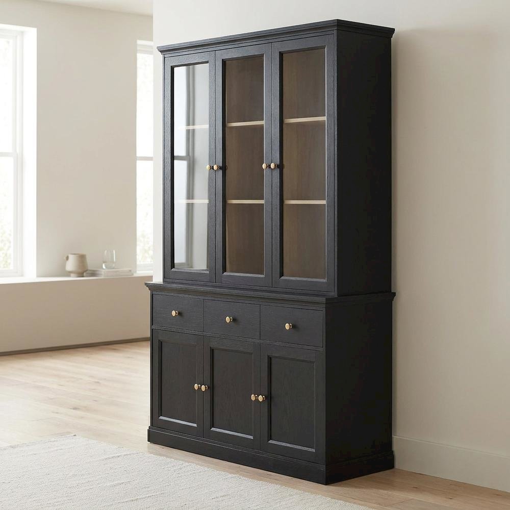 Tall Storage Display Cabinet with Glass Doors, Adjustable Shelves and Drawer