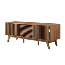Brown wood TV stand with sleek design and versatile storage solution