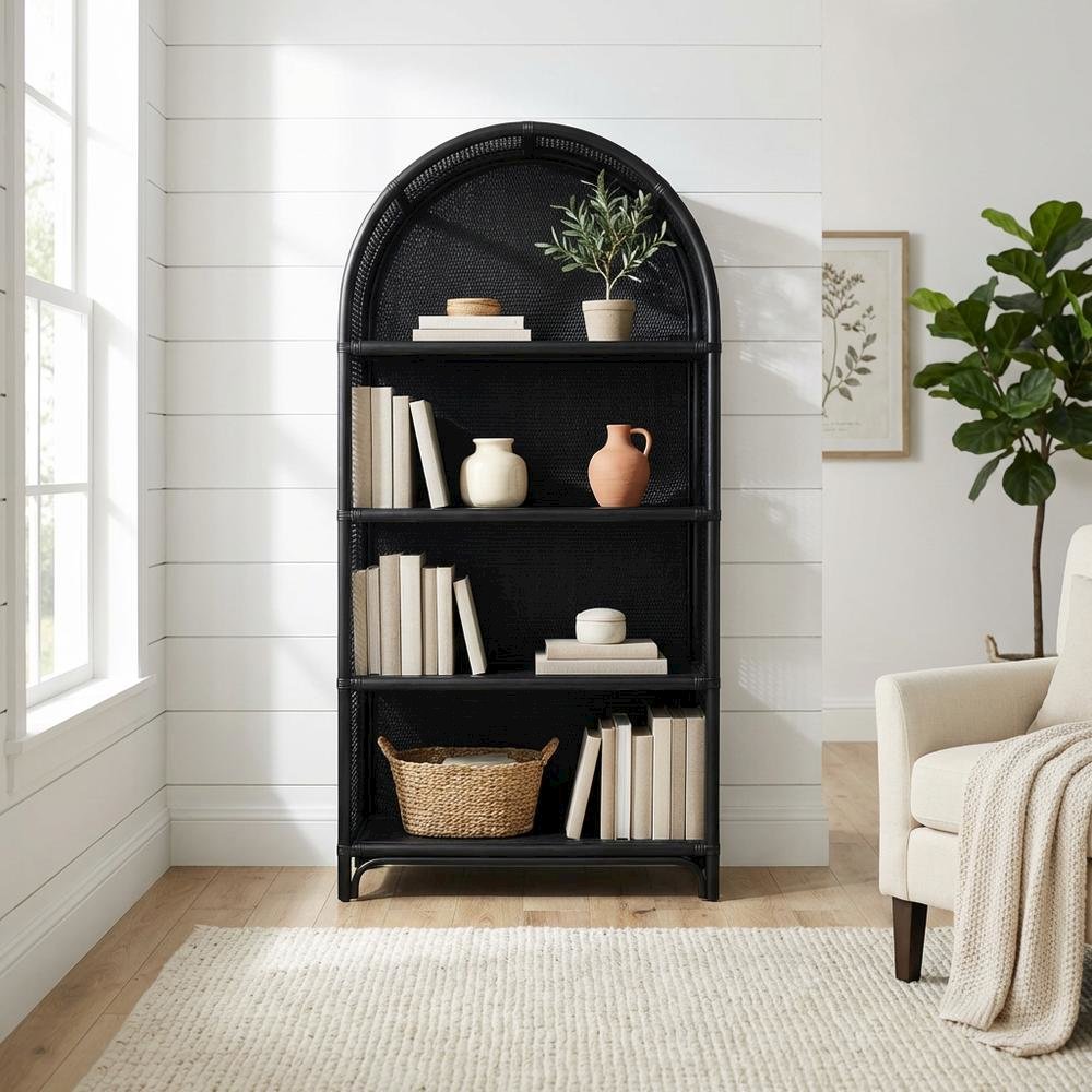 Black Arched Rattan Bookshelf with Slim Shelves and Natural Finish