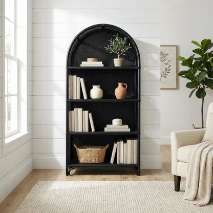 Black Arched Rattan Bookshelf with Slim Shelves and Natural Finish