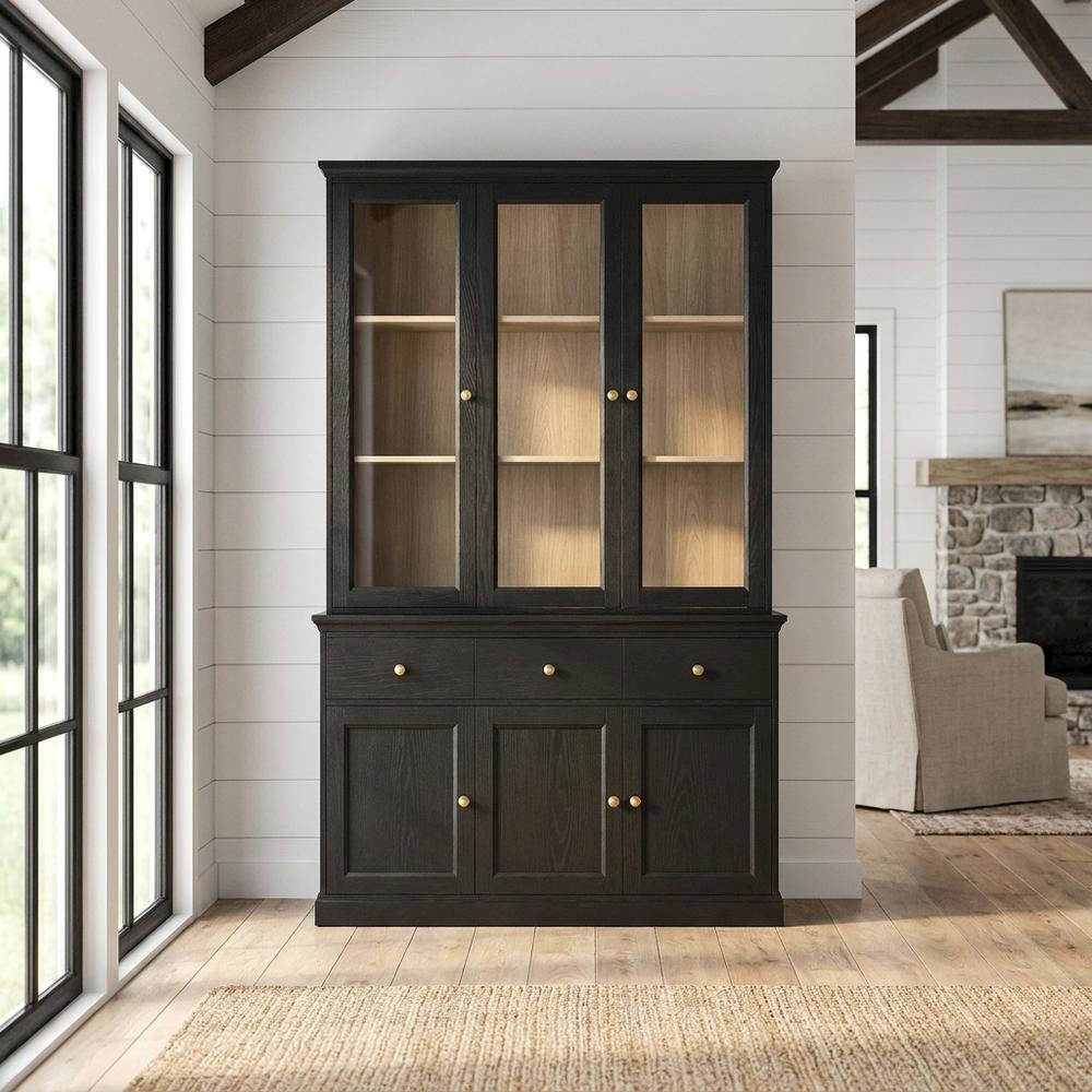 Tall Storage Display Cabinet with Glass Doors, Adjustable Shelves and Drawer