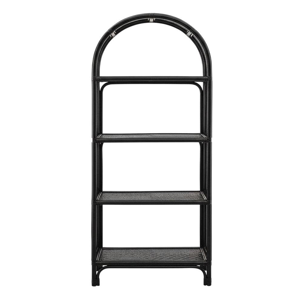 Black Arched Rattan Bookshelf with Slim Shelves and Natural Finish