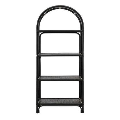 Black Arched Rattan Bookshelf with Slim Shelves and Natural Finish
