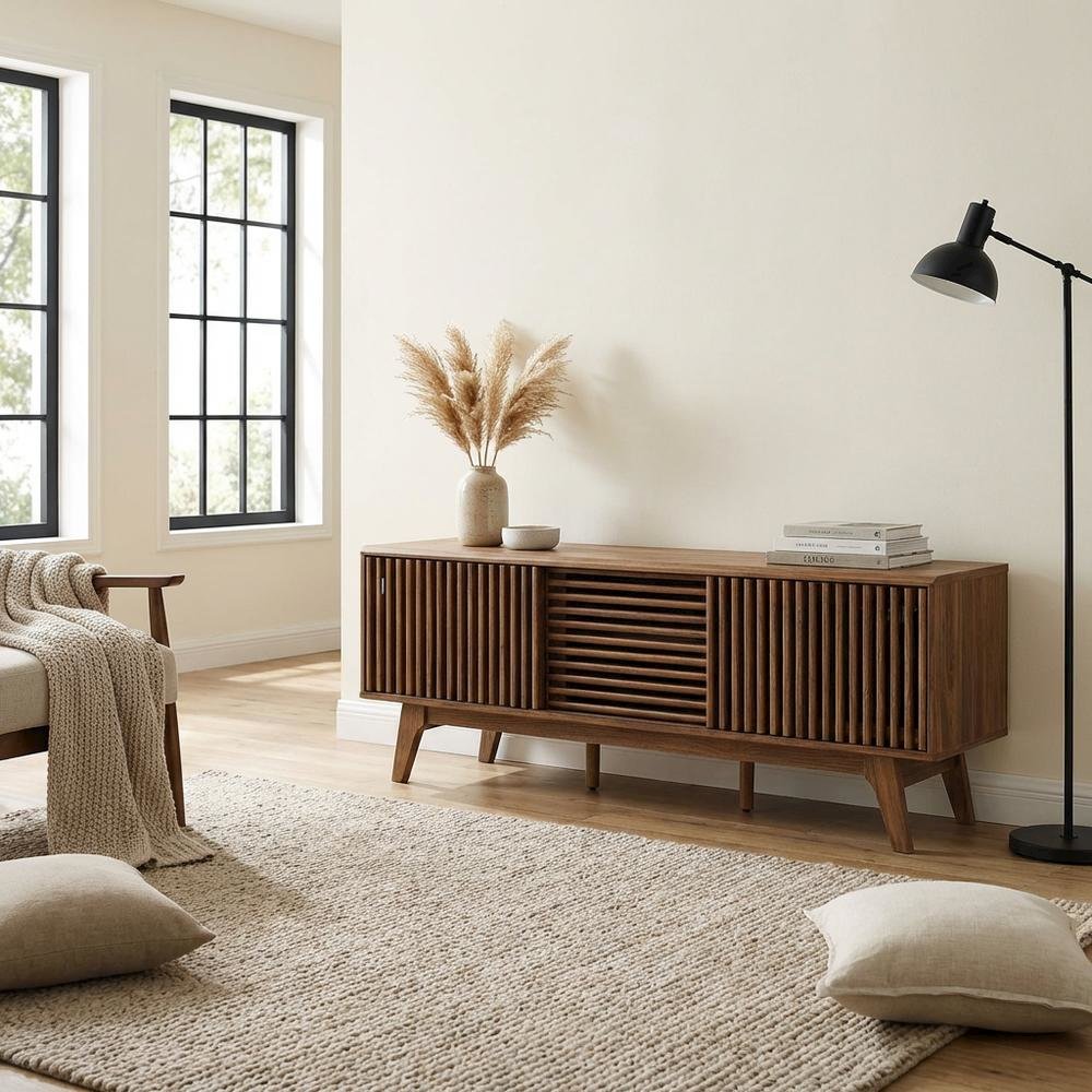 Brown wood TV stand with sleek design and versatile storage solution