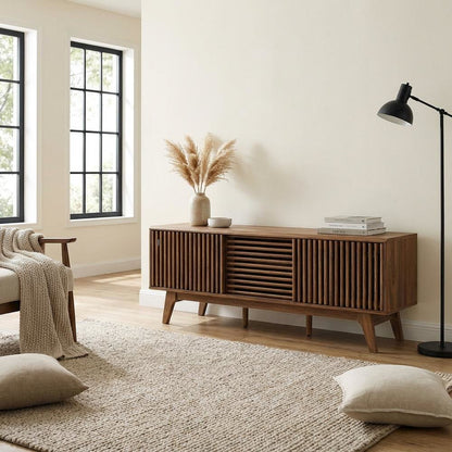 Brown wood TV stand with sleek design and versatile storage solution