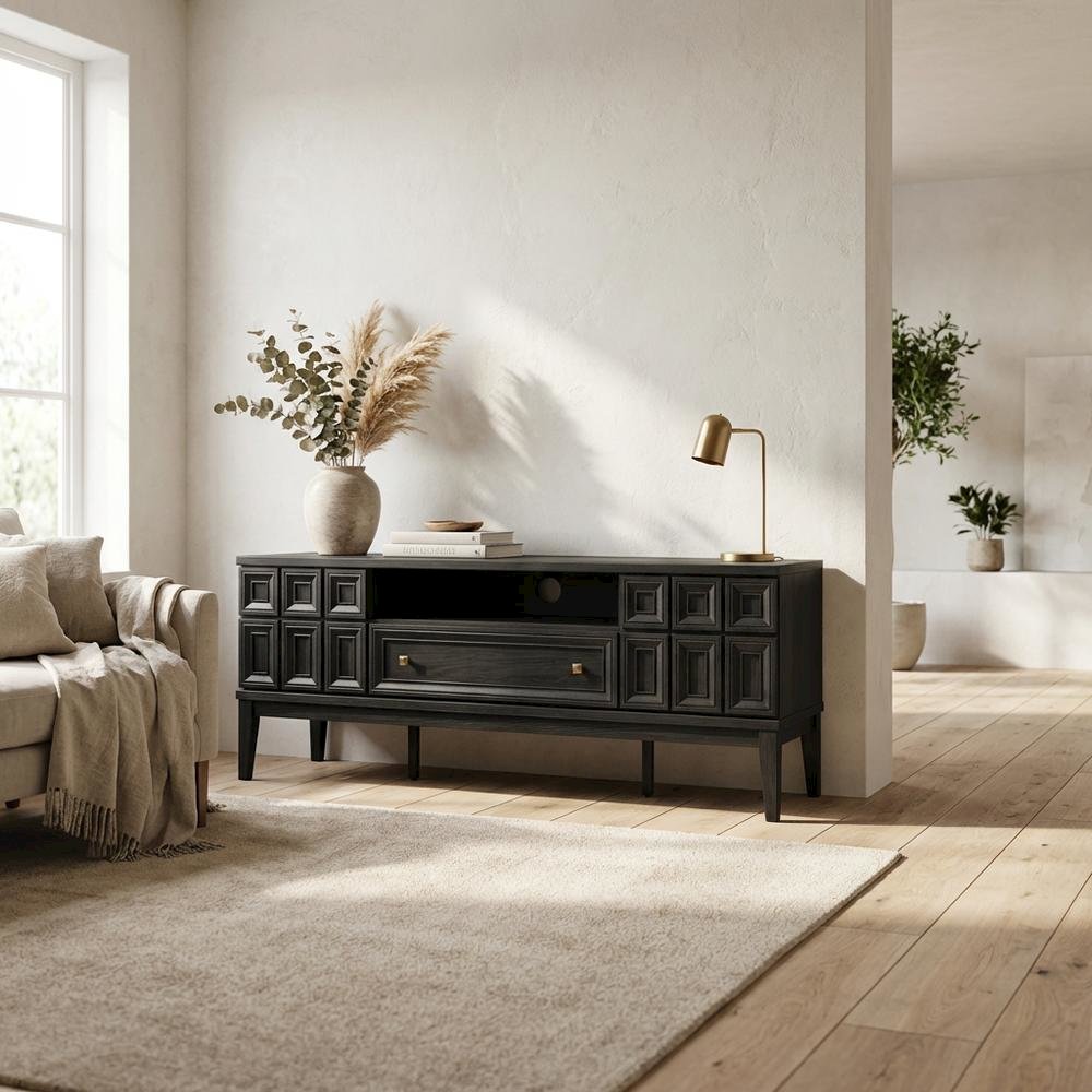 Black TV Stand with Engineered Wood Construction for Living Room Storage