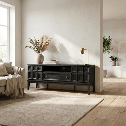 Black TV Stand with Engineered Wood Construction for Living Room Storage