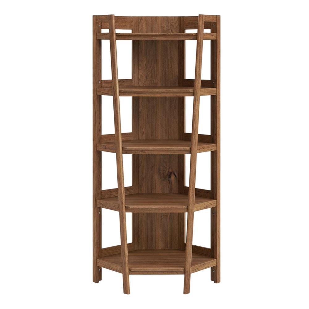 Brown corner bookshelf with spacious shelves and modern design