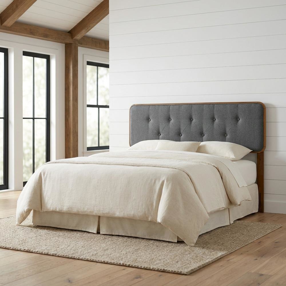 Tufted Fabric and Wood Queen Size Headboard with Storage, Walnut Charcoal
