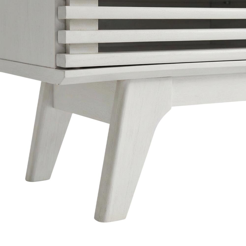 White wood TV stand with 59-inch top and sleek design