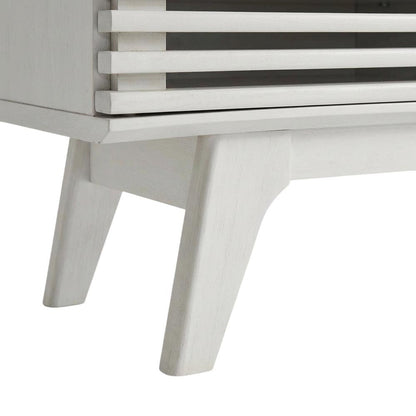 White wood TV stand with 59-inch top and sleek design