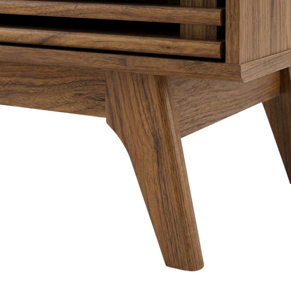 Wood vinyl record display stand in warm brown finish with spacious shelf