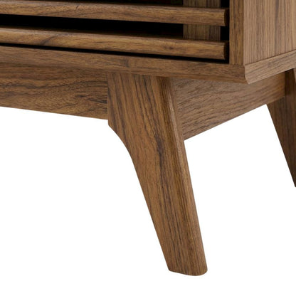 Wood vinyl record display stand in warm brown finish with spacious shelf
