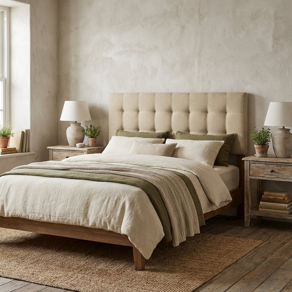 Upholstered Queen Headboard in Neutral Fabric, Padded Design, Stylish Support