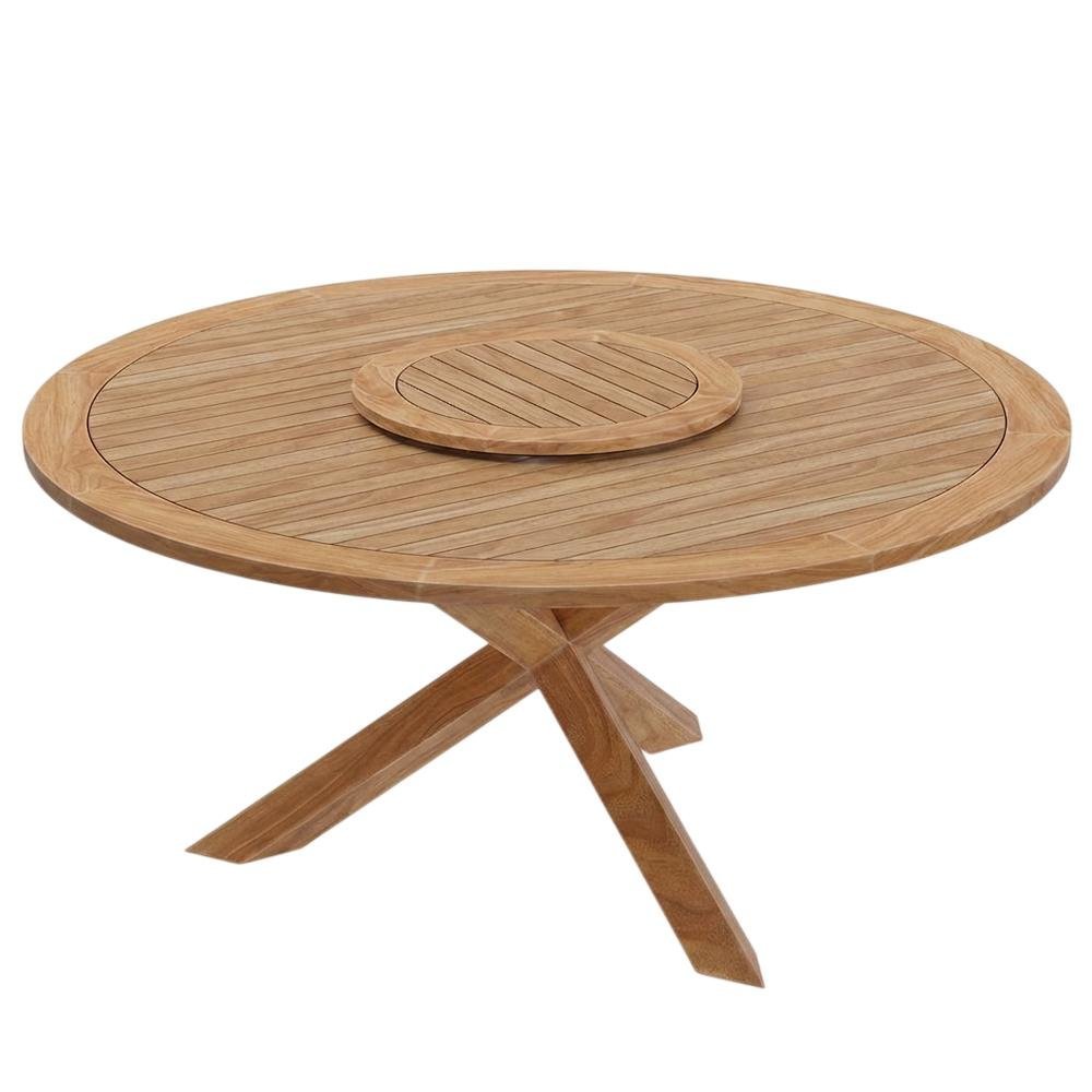 Natural Teak Outdoor Round Dining Table, Lazy Susan, Seats 6