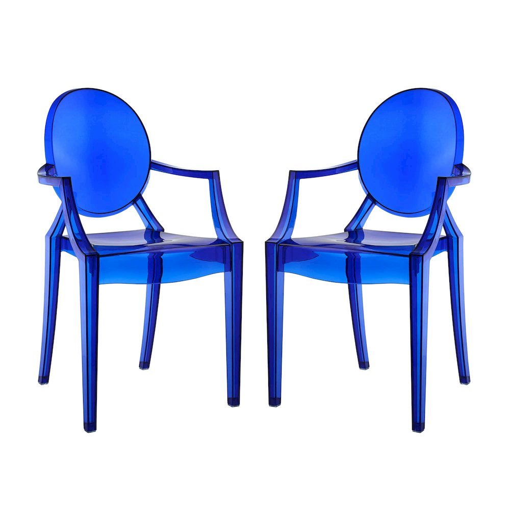 Acrylic High-Back Dining Armchairs with Arms, Blue, Set of 2