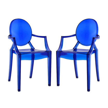 Acrylic High-Back Dining Armchairs with Arms, Blue, Set of 2