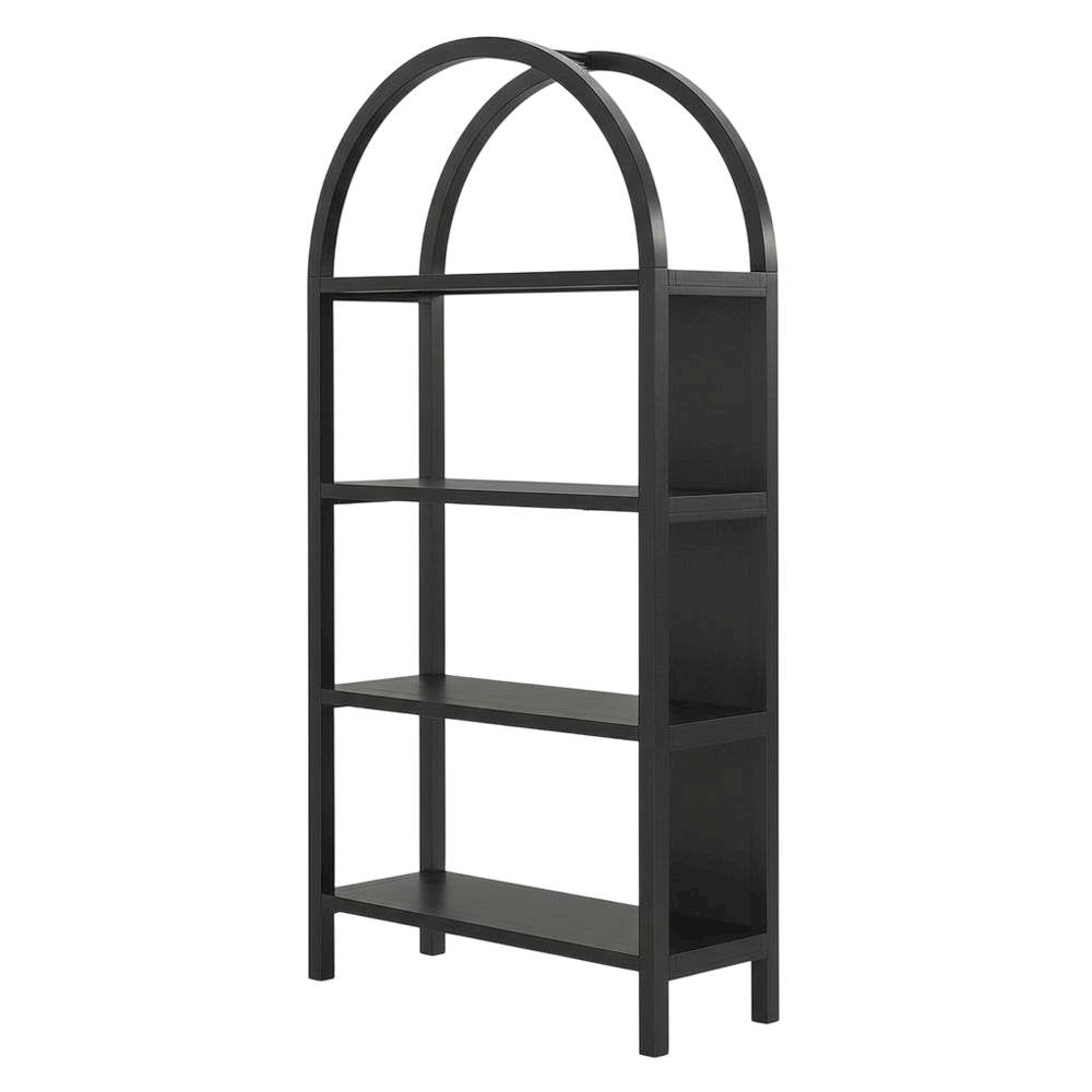 Black engineered wood bookshelf with arched top and spacious shelves