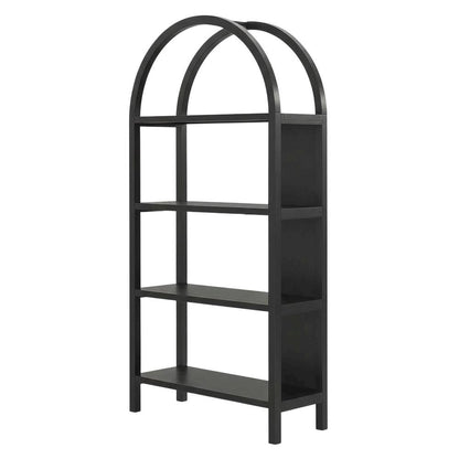 Black engineered wood bookshelf with arched top and spacious shelves