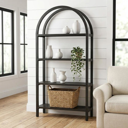 Black engineered wood bookshelf with arched top and spacious shelves