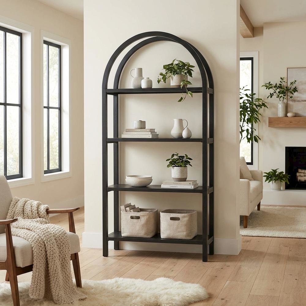 Black engineered wood bookshelf with arched top and spacious shelves