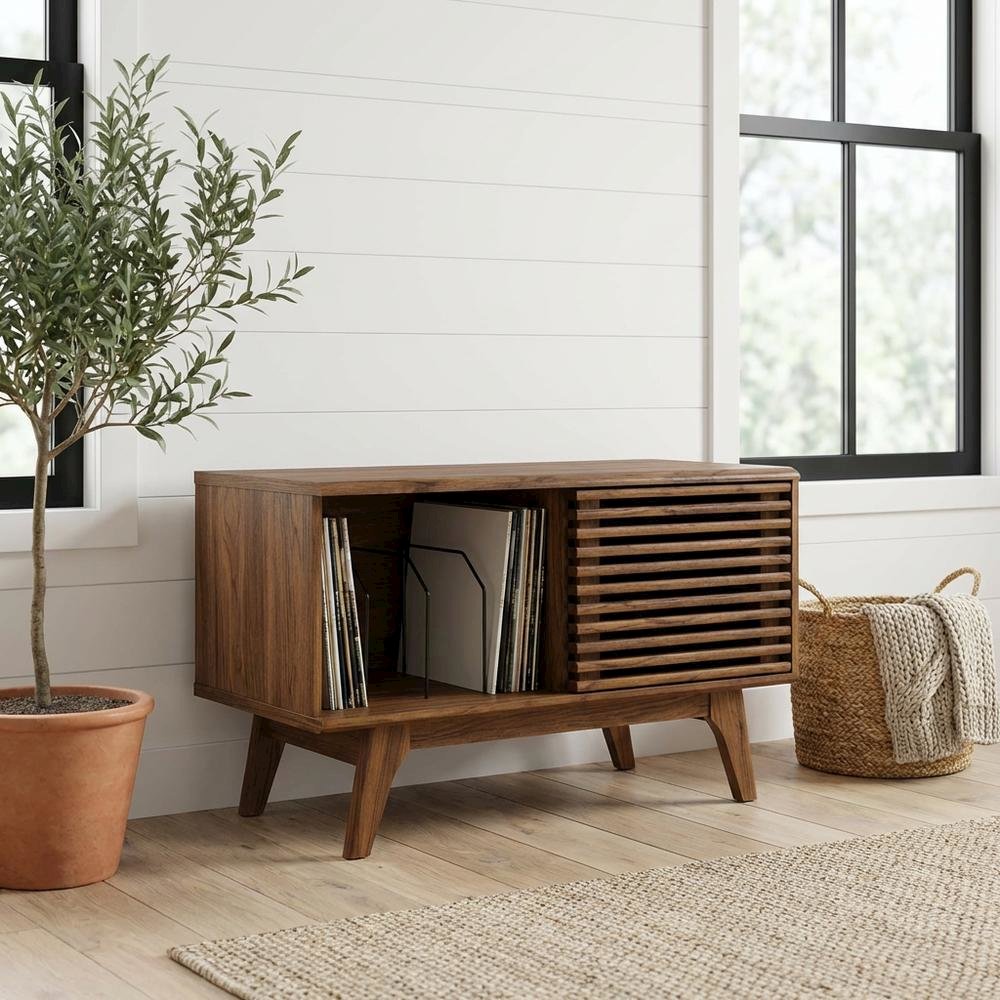 Wood vinyl record display stand in warm brown finish with spacious shelf