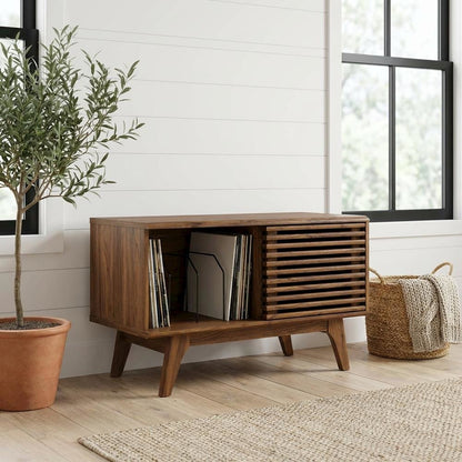 Wood vinyl record display stand in warm brown finish with spacious shelf