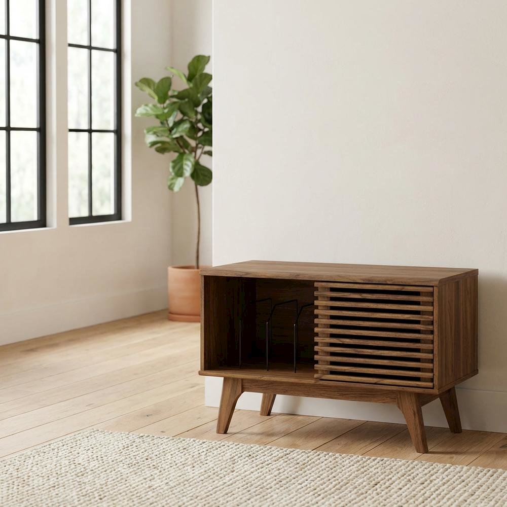 Wood vinyl record display stand in warm brown finish with spacious shelf
