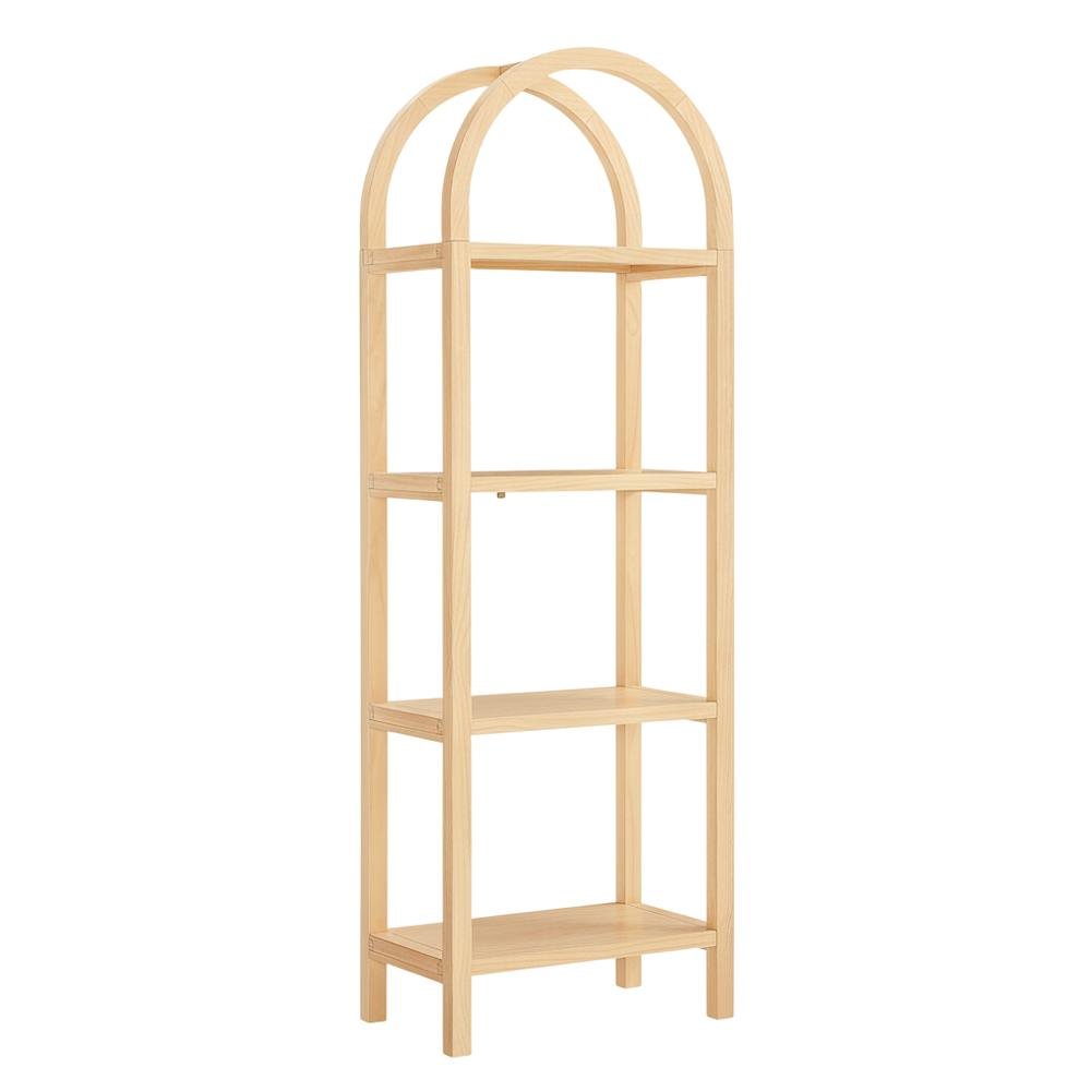 Brown engineered wood arched bookshelf with storage shelves and narrow design