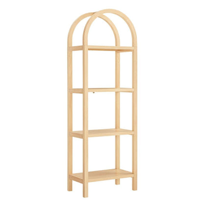 Brown engineered wood arched bookshelf with storage shelves and narrow design