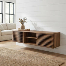 Brown wood wall-mounted media console with sleek design and sturdy construction